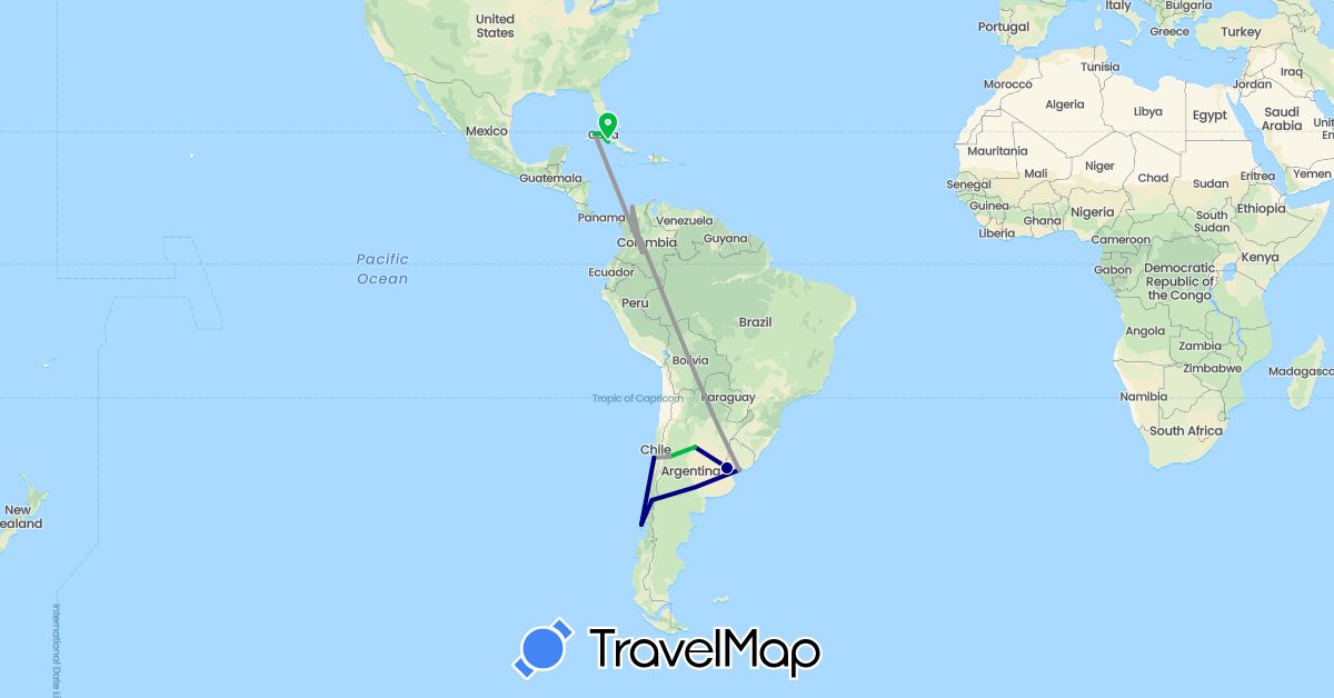 TravelMap itinerary: driving, bus, plane in Argentina, Chile, Colombia, Cuba, Uruguay (North America, South America)